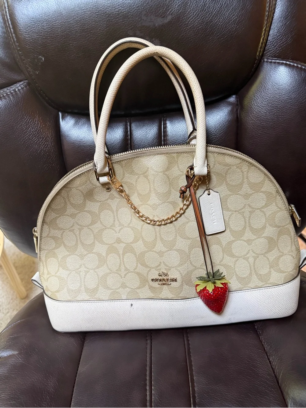 Coach Khaki and Chalk Dome Satchel with Strawberry Charm